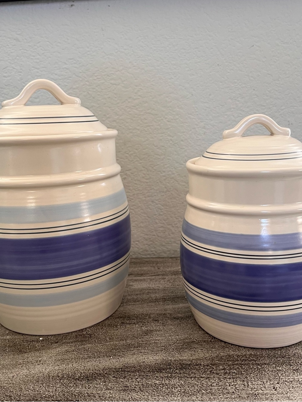 Pfaltzgraff Ceramic Stripe Canister Set of 2 Blue White with Lids 10.5" and 9"